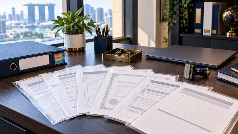 CCP application documents: printed forms and certificates in clear sleeves fanned out beside a ring binder and a company stamp on a Singapore office table