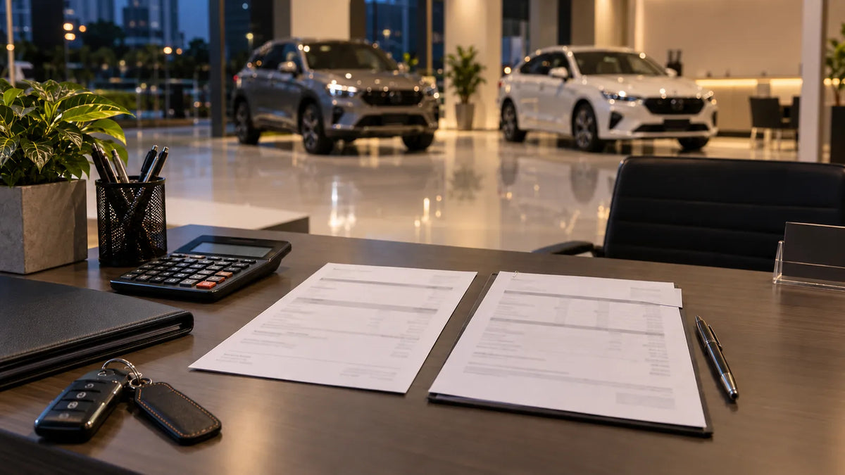 Two payslip-style documents side by side on a car showroom sales desk with a calculator, car keys and pen, unbranded cars in the background