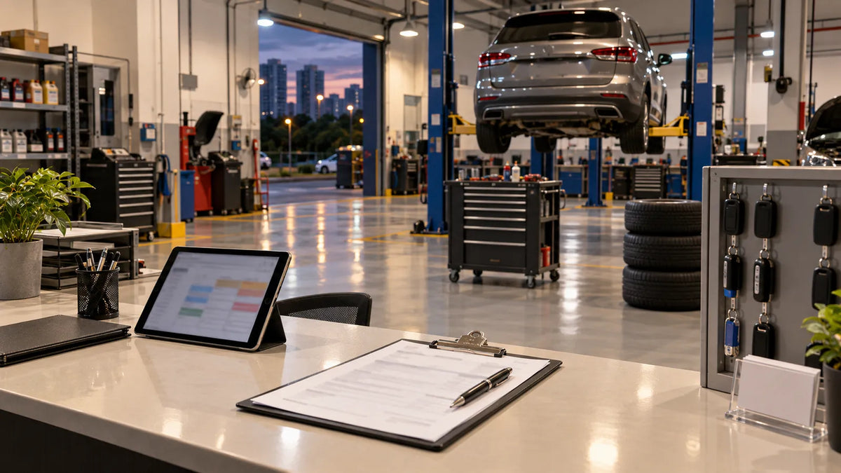Car service workshop with a car on a lift, a tool cart and stacked tyres, seen from a service counter with a clipboard checklist and key cabinet