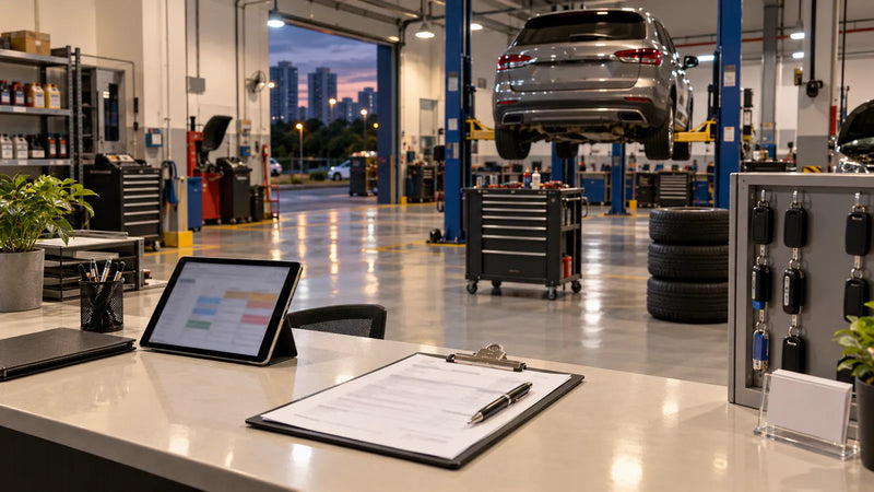 Car service workshop with a car on a lift, a tool cart and stacked tyres, seen from a service counter with a clipboard checklist and key cabinet