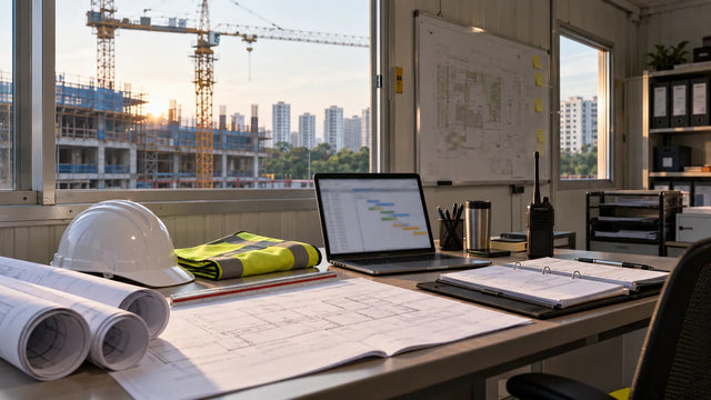 Construction site office desk with drawings, a white safety helmet, a high-visibility vest and a laptop schedule, a tower crane outside the window