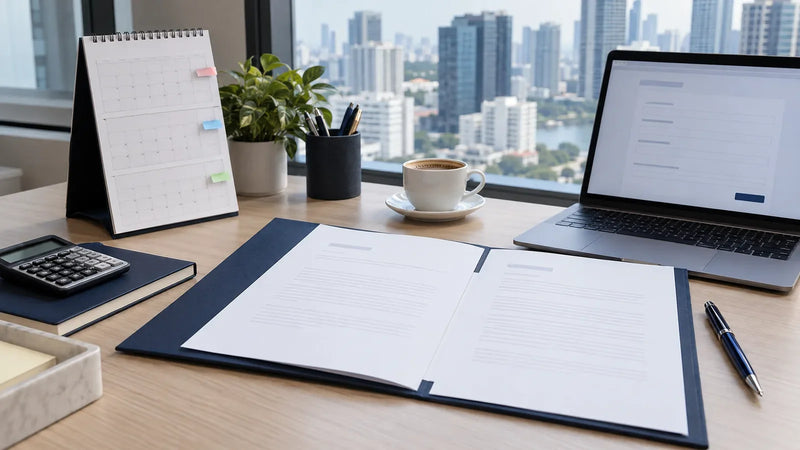 Offer letter folder, desk calendar with three months tabbed and a laptop form on a Singapore office desk, planning a CCP grant before the start date