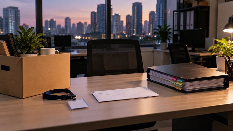 Cleared office desk at dusk with a sealed envelope, a returned access card, a tabbed handover folder and a cardboard box holding a plant and mug