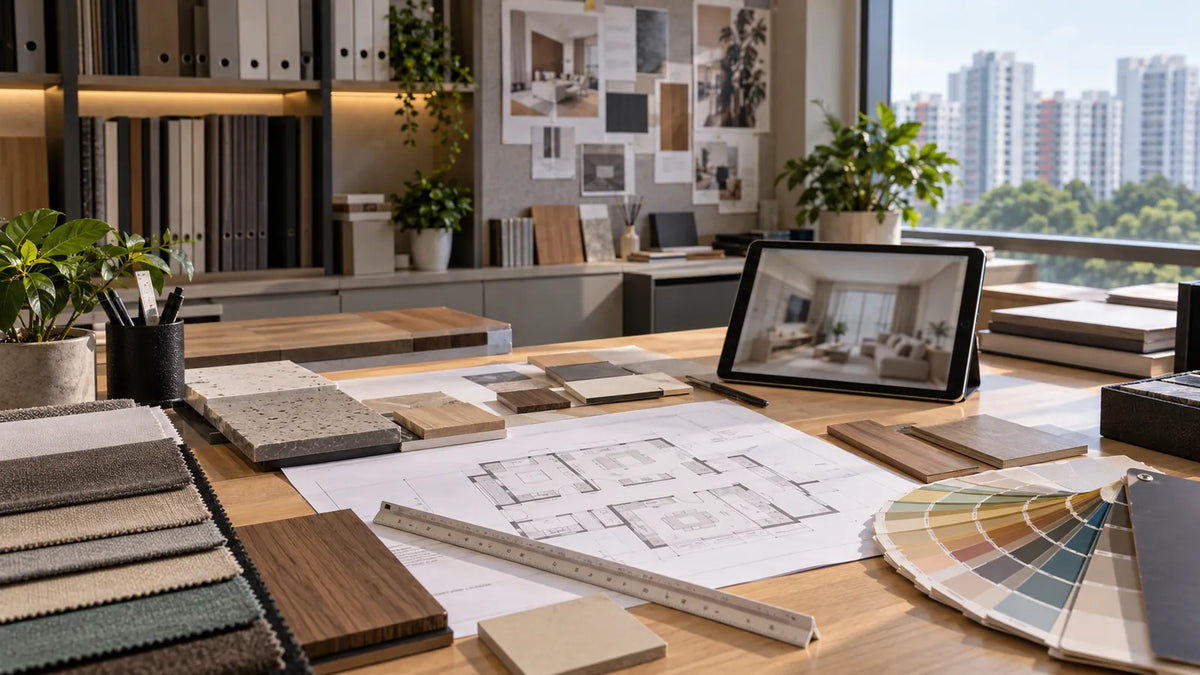 Interior design studio worktable with material swatches, an HDB floor plan, a scale ruler, a colour fan and a tablet showing a living-room render
