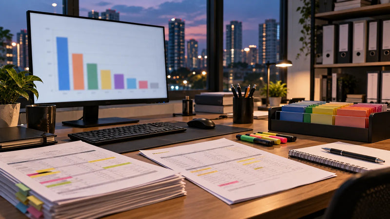 Analyst desk with a monitor bar chart of eight role groups, highlighted data printouts and colour-coded index cards, city lights through the window