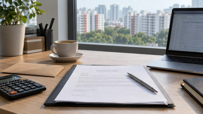 Employment offer letter and pen on an office desk beside a calculator and laptop, with Singapore HDB blocks outside the window