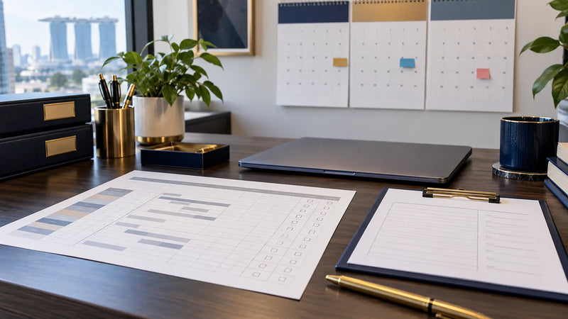 CCP OJT training plan: a printed multi-week training schedule, a sign-off clipboard and a three-month wall calendar on a Singapore office desk