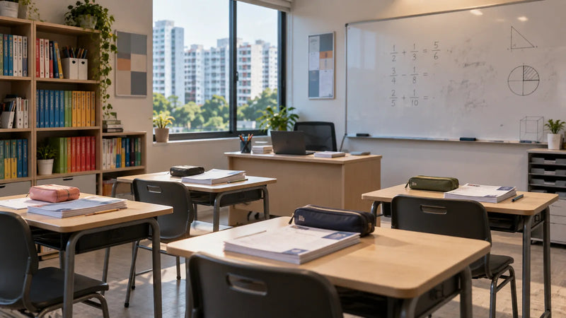 Empty tuition centre classroom with small desks, assessment books, a whiteboard with fractions and shelves of workbooks, HDB blocks outside