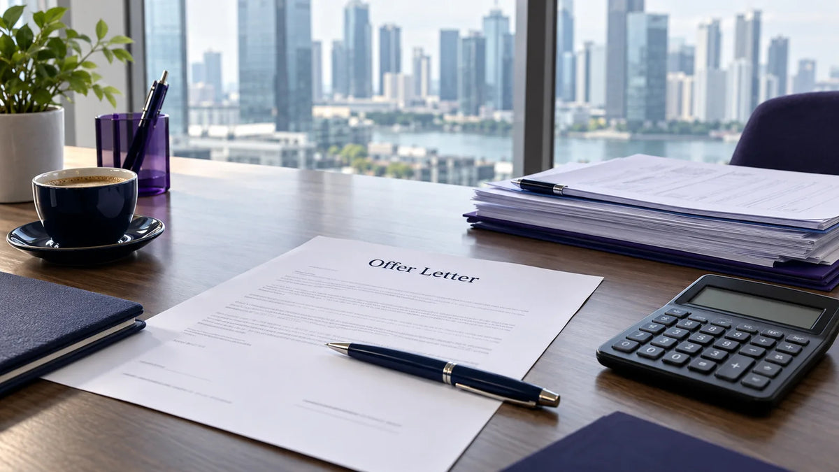 Offer letter, calculator and hiring forms on a Singapore office desk, checking a government grant for hiring a Singaporean before the offer