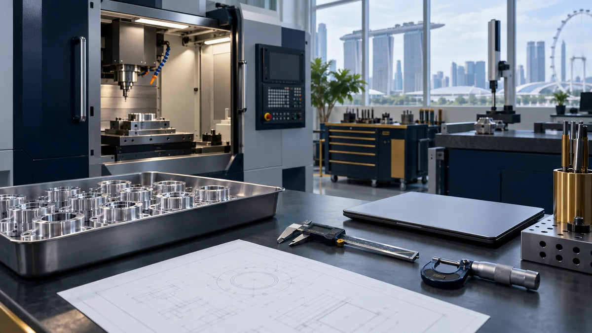 Grant for hiring engineers in Singapore: an empty precision-engineering workshop with a CNC machine, machined parts and inspection tools