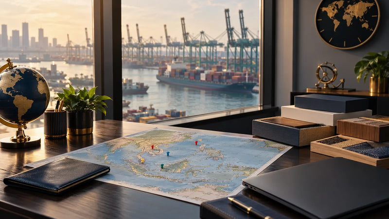 Grant for hiring a regional business development manager: a Singapore office desk with a Southeast Asia map, pins on target cities and a port view
