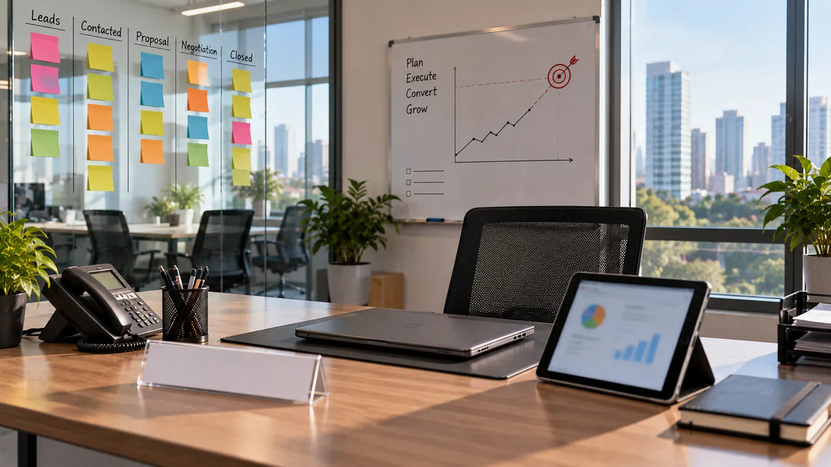 Sales team corner with a sticky-note pipeline on a glass wall, a whiteboard target chart and a manager desk with a blank nameplate and tablet dashboard