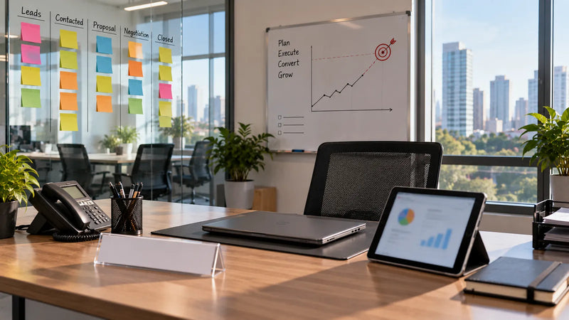 Sales team corner with a sticky-note pipeline on a glass wall, a whiteboard target chart and a manager desk with a blank nameplate and tablet dashboard