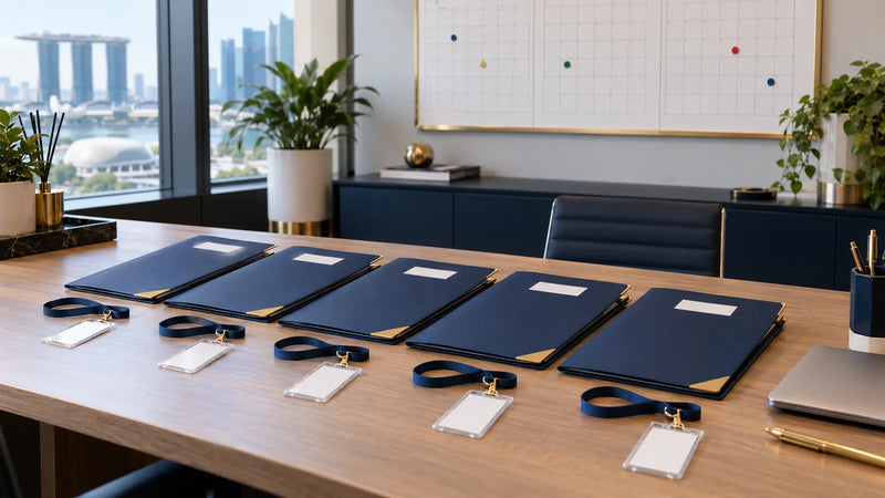 Grants for hiring new employees in Singapore: five onboarding folders and lanyards set out for five staggered start dates