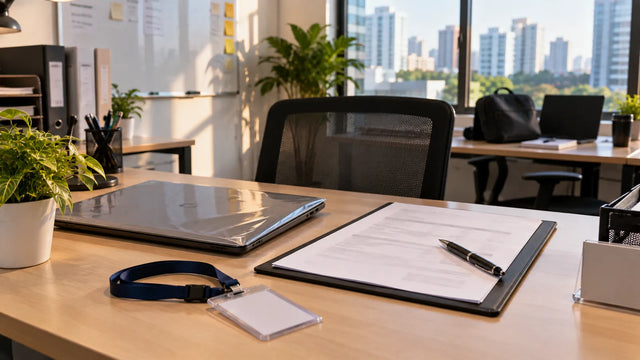New staff workstation with an employment contract, a blank access card on a lanyard and a new laptop, with a hot-desk corner in the background