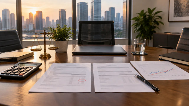 Two versions of an offer letter on a boardroom table, one figure circled in red, beside a calculator, a crossing-lines chart and a small balance scale