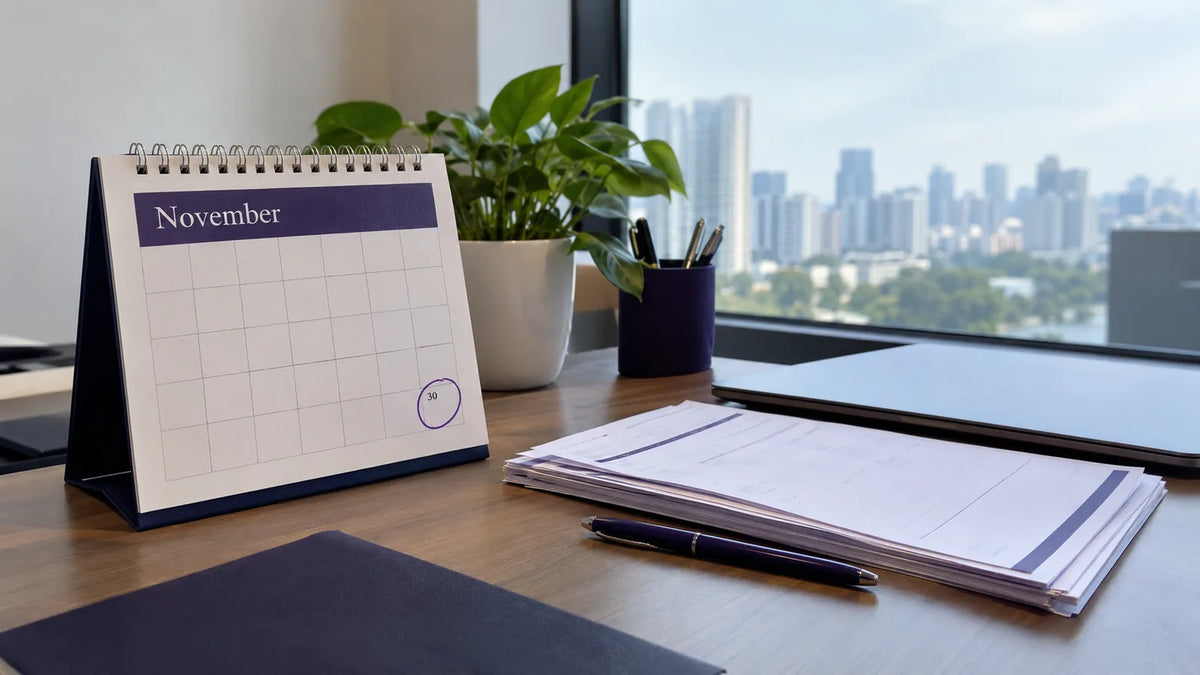 Desk calendar with 30 November circled beside course invoices, marking the SkillsFuture Enterprise Credit expiry for Singapore employers